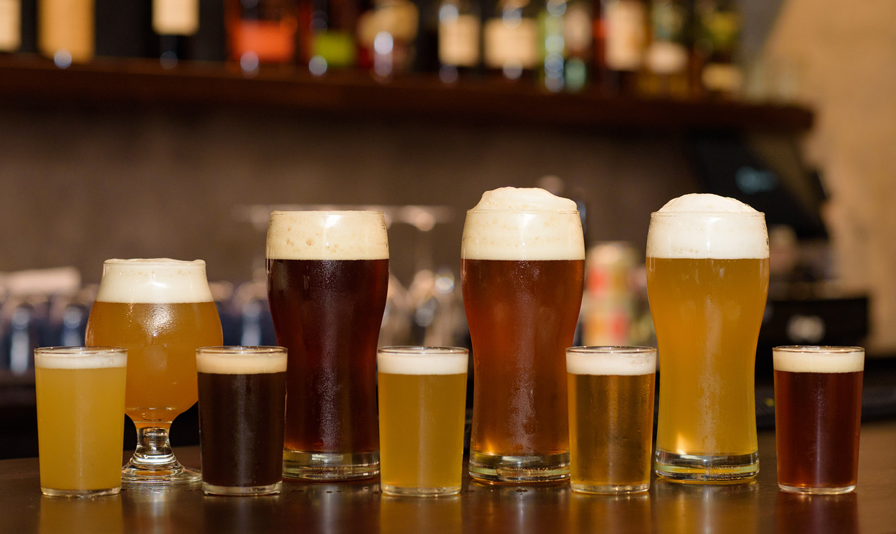 various beers in elegant glasses