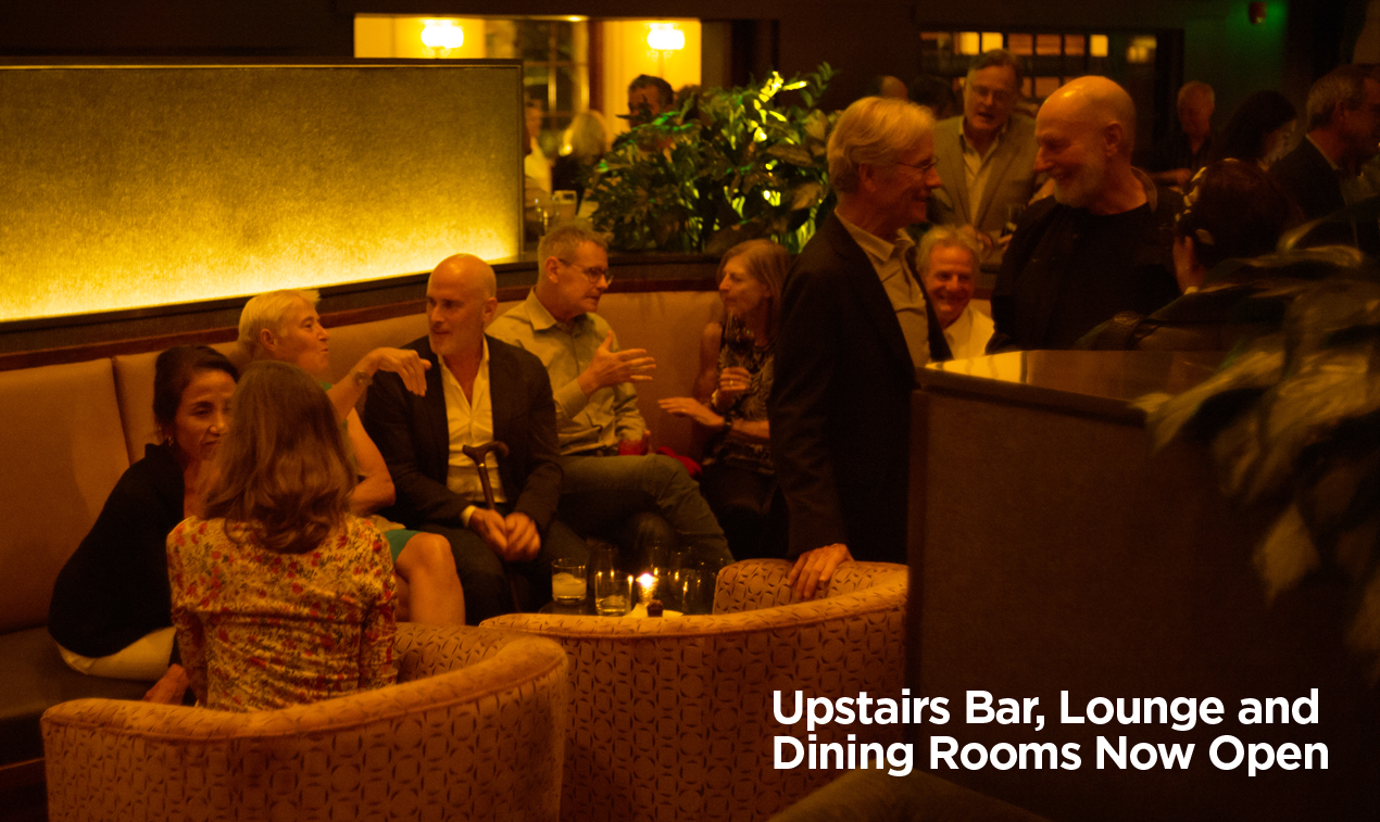 Bar scene, with text Upstairs Bar, Lounge and Dining Rooms Now Open